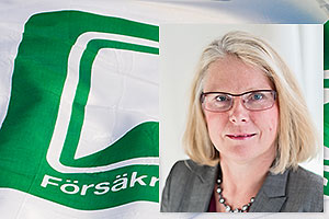 Montage: Porträtt Birgitta Målsäter ovanpå en bild av en flagga med försäkringskassans logga