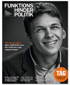 Omslaget till Funktionshinderpolitik 6. Ett svartvitt porträtt av en leende Björn häll Kellerman.