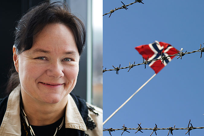 Kollage: Porträtt av Vibeke Marøy Melstrøm och en bild av den norska flaggan bakom taggtråd.