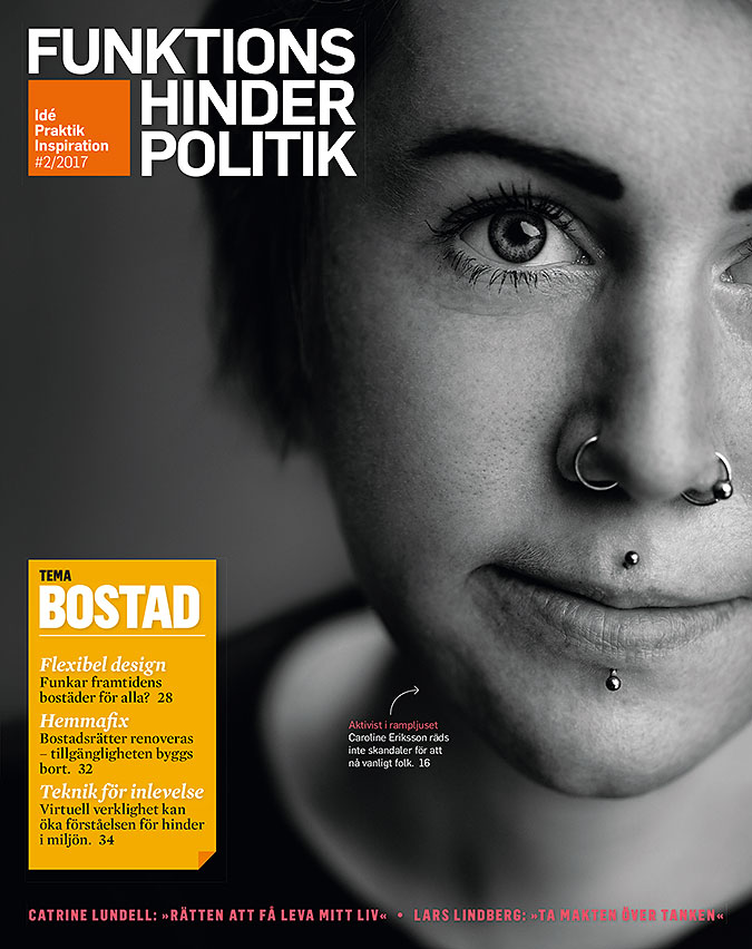 Omslaget till Funktionshinderpolitik 2. Närbild på Caroline Eriksson.