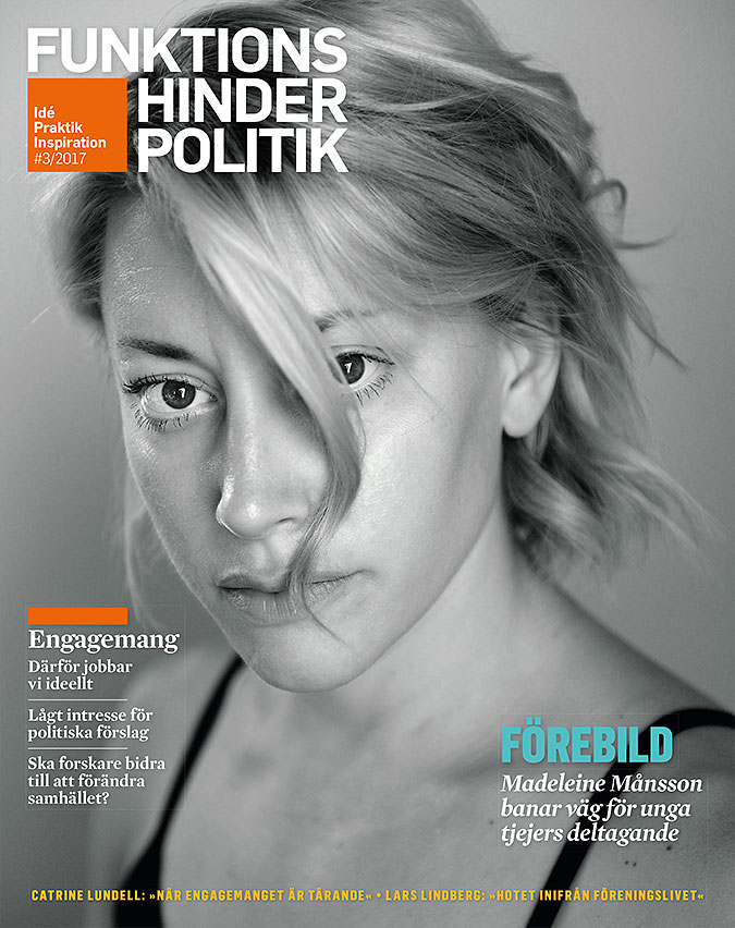 Omslaget till Funktionshinderpolitik 3. Ett foto i gråskala av dansaren Madeleine Månsson.