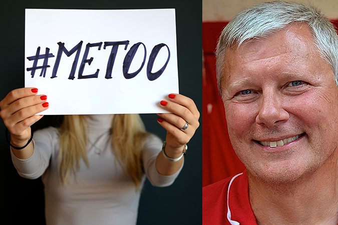 Kollage av två bilder. En med en kvinna som håller en skylt där det står #metoo och en som föreställer Lars Ohly.