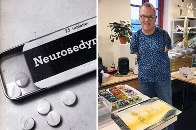 Ett kollage mellan två bilda där den ena är ett svartvitt foto av en ask med neurosedyntabletter och den andra föreställer Peter Sundström i en målarstudio där man ser att han har väldigt korta armar.