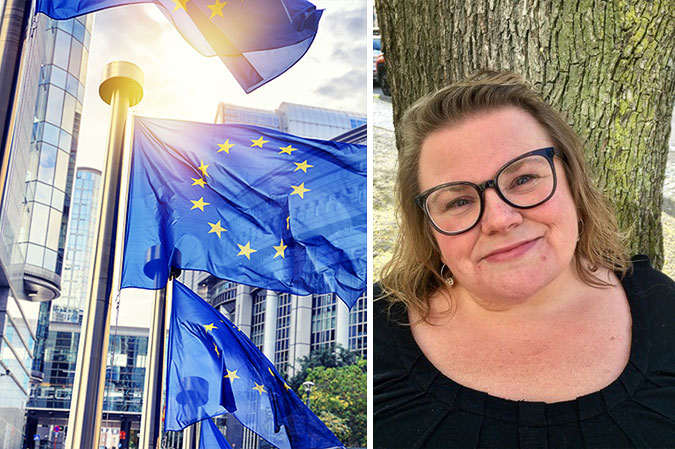 Montage av en bild på EU-flaggor framför Europaparlamentet och en bild på Maria Johansson framför en trädstam.