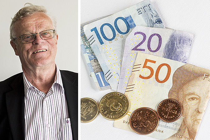 Kollage av två bilder. En påk Björn Eriksson och en på en hög med sedlar och mynt. 