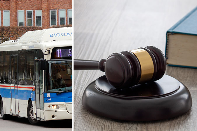 Kollage av två bilder. Den ena föreställer en buss i stadstrafik. Den andra en ordförandeklubba och en bok.