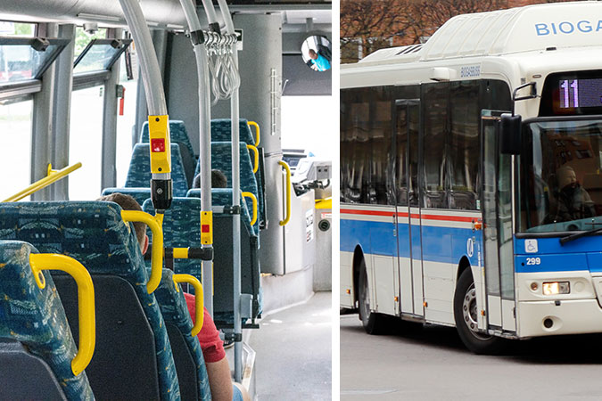 ett kollage av två bilder. En visar en interiör i en buss. Den andra visar utsidan av en buss där det finns en rullstolssymbol.