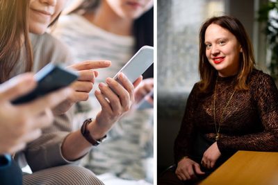Ett kollage av två bilder. En visar några unga människor som tittar på sina telefoner. Den andra är ett porträtt av Hanna Öfors som sitter vid ett bord.