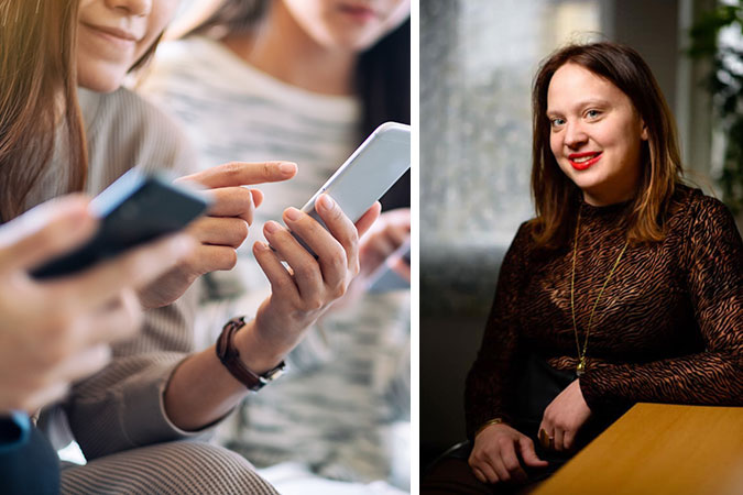 Ett kollage av två bilder. En visar några unga människor som tittar på sina telefoner. Den andra är ett porträtt av Hanna Öfors som sitter vid ett bord.