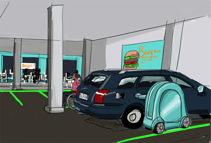 En illustration som föreställer ett parkeringsgarage. En bil står parkerad och bredvid den står en liten vagn som ska föreställa en robotiserad billaddare.