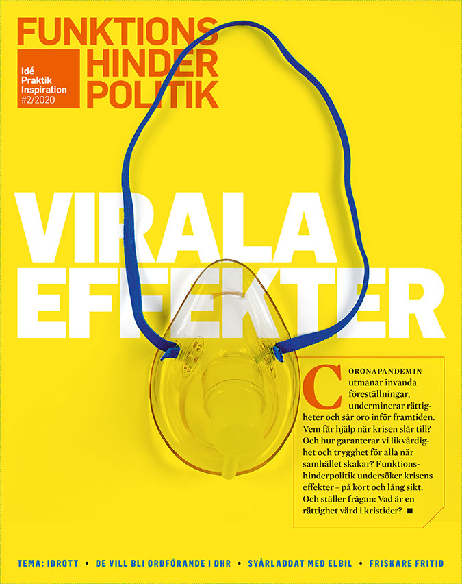 Omslaget till Funktionshinderpolitik 2-2020 föreställer en andningsmask som ligger uppen på en rubriken »Virala effekter«.