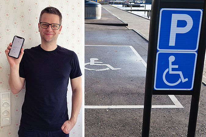 Ett montage av två bilder. En visar Kristoffer Jälén som håller upp en telefon med appen Handiplats. Den andra visar en parkeringsplats för rörelsehindrade med tillhörande skyltning.