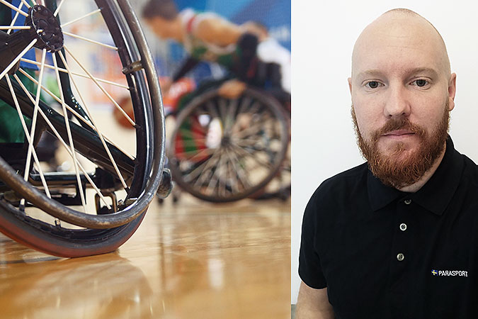 Kollage av två bilder. PÅ den ena spelar några personer rullstolsbasket. Den andra är ett porträtt av Calle Delling som är den som berättar om hur man kan hitta idrott via den nya sajten.