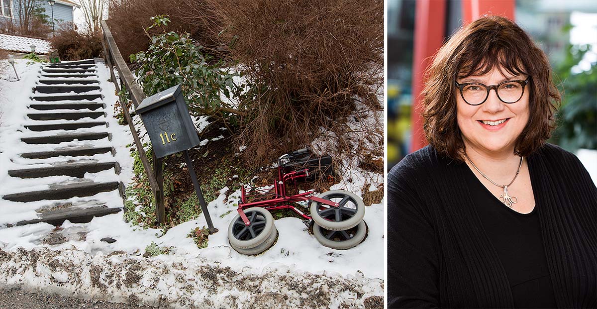 Kollage av två bilder. På den ena ligger en rollator vält i snön bredvid vägen. På den andra ser man Anna Carlsson.