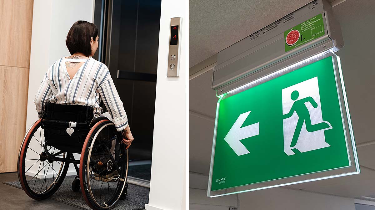 Kollage av två bilder. På den ena är en kvinna i manuell rullstol på väg in i en hiss. på den andra syns en grön upplyst skylt som visar på utrymningsväg.