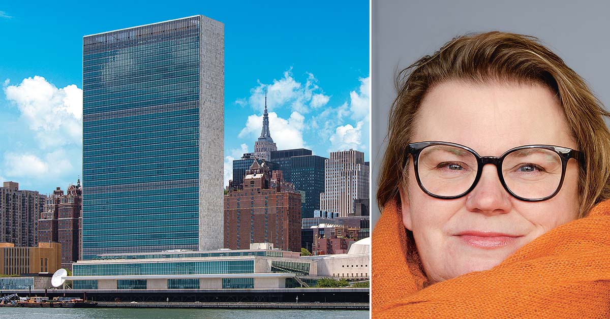 Kollage av två bilder: En på FN-skrapan i New York och en på Maria Johansson.