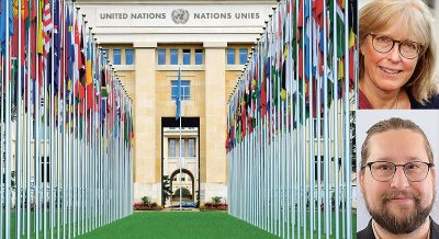 Montage av tre bilder. En visar utsidan av FN:s högkvarter i Genève. En ståtlig byggnad med en massa flaggor framför. De två andra bilderna är porträtt av en man och en kvinna.