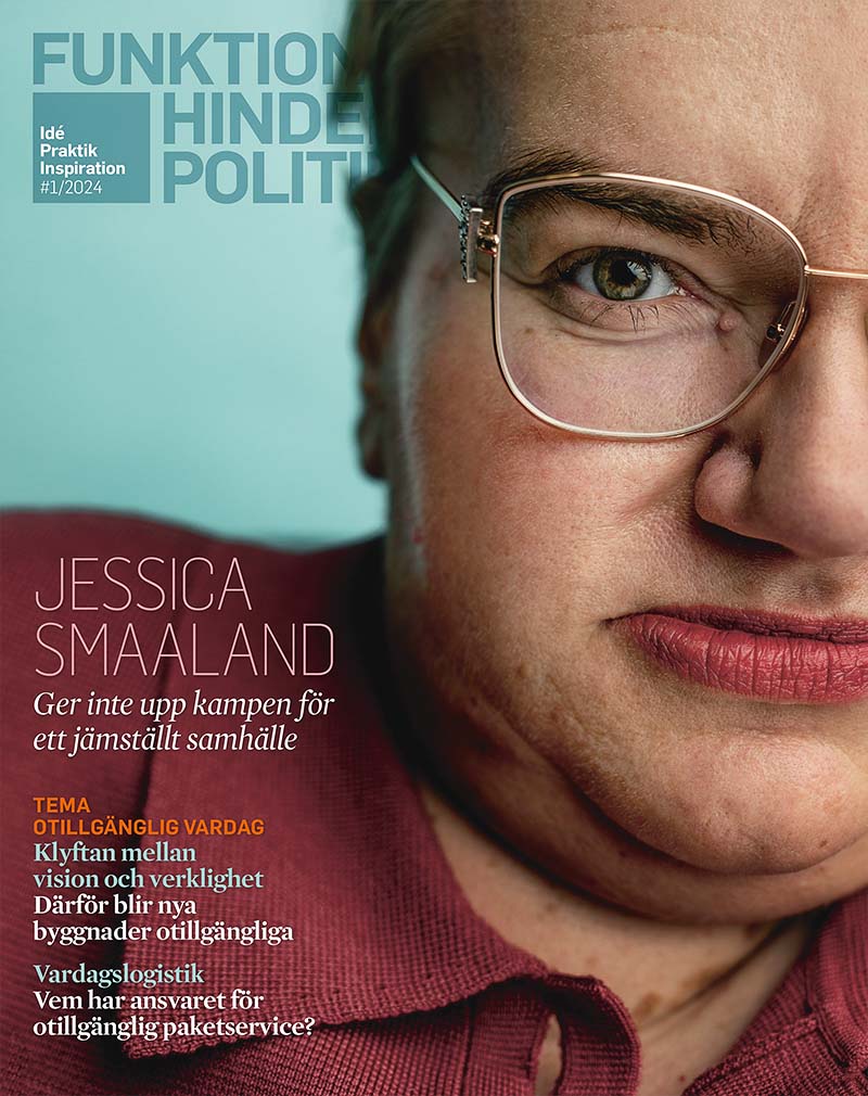 Omslaget till Funktionshinderpolitik 1-2024. En närbild där man ser halv Jessica Smaalands ansikte.