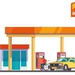 En illustration som föreställer en bensinstation där en person i rullstol försöker att tanka sin bil. På en skylt står det Ingo.