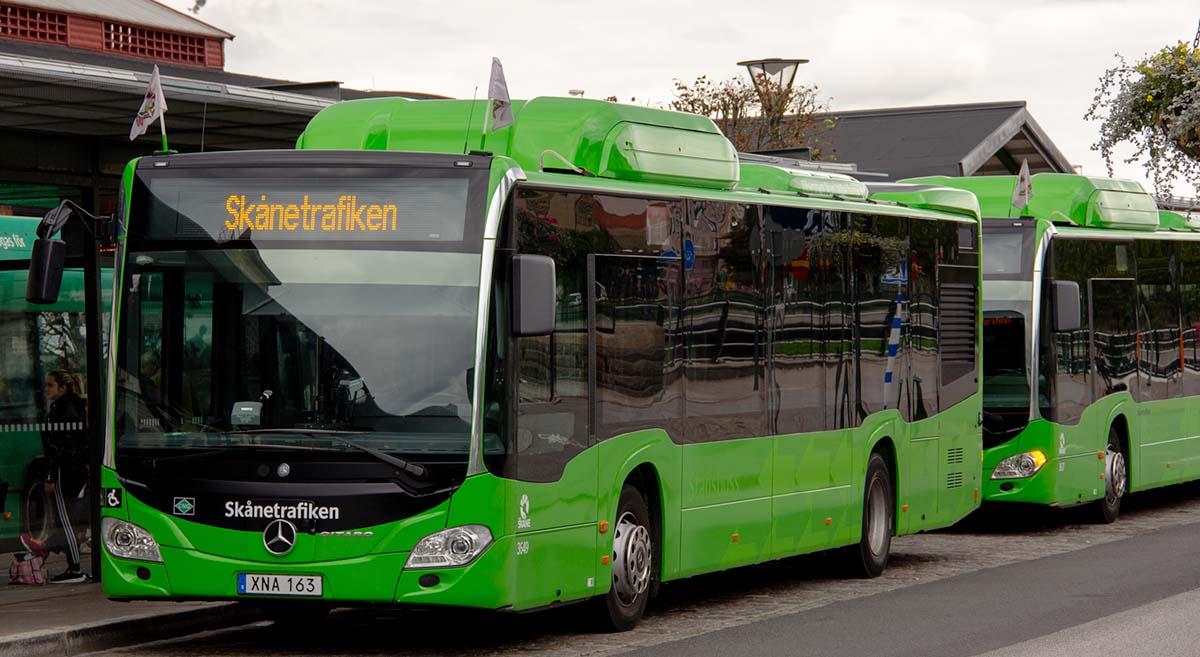 Två gröna bussar står vid en hållplats.