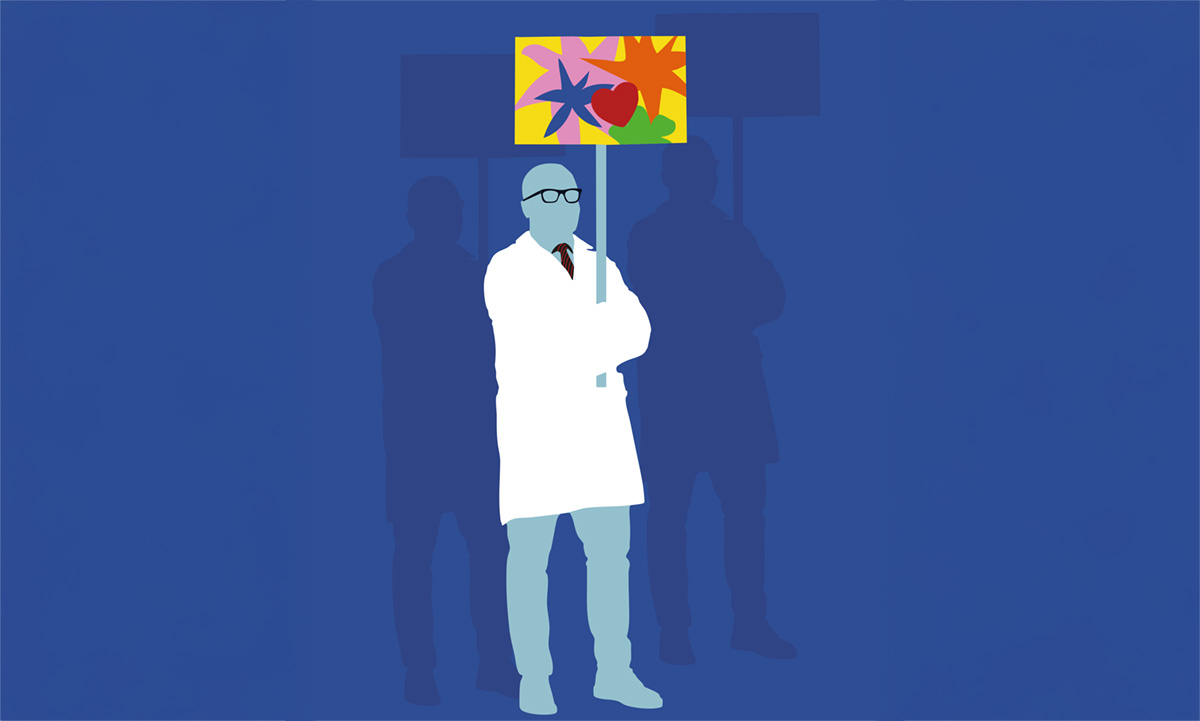 Illustration med en figur i vit labbrock som står med ett plakat med olika färgade kluttar.