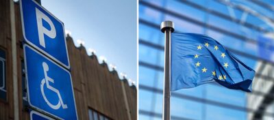 Ett montage av två bilder. En parkeringsskylt för parkeringsplats för rörelsehindrad och en EU-flagga