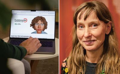 Kollage av två bilder. Den ena visar en dator som har öppnat Funktionsrättsintervjuaren och där en person interagerar. Den andra bilden är ett portätt av Marian Bergroth