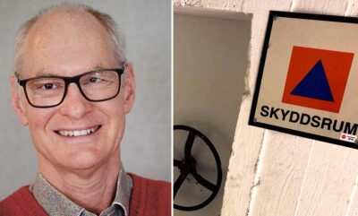 Montage av två bilder. Den ena är ett porträtt av en medelålders man i svartbågade glasögon och röd tröja. Den andra visar entrén till ett skyddsrum.