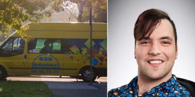 Kollage av två bilder. En föreställer en gul färdtjänstbuss, den andra en leende man med sidbena.