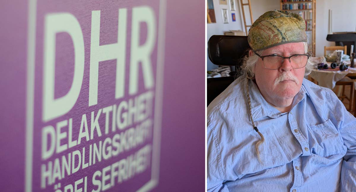 Montage av två bilder.En foto av DHR:s logiotyp och ett av en man i blå skjorta med en gröngul huvudbonad och glasögon