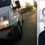 Montage av två bilder. En på en vit färdtjänstbuss och en på en man med snedlugg och glasögon