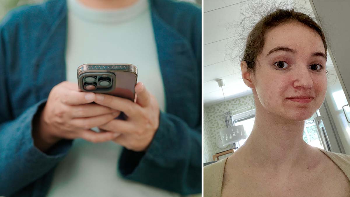 Montage av två bilder. Ett porträtt av en kvinna och en bild där en person håller en mobiltelefon med två händer.