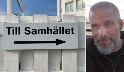 Montage av två bilder. En visar en skylt på ett staket. Skylten har texten Till samhället med en pil under. Den andra bilden föreställer en man i skägg och kort hår.