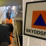 Montage av två bilder. Den ena föreställer en man som ligger på en orange madrass som dras utför en trappa. En man håll var ända av madrassen. Den andra bilden visar en skylt till ett skyddsrum.