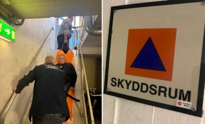 Montage av två bilder. Den ena föreställer en man som ligger på en orange madrass som dras utför en trappa. En man håll var ända av madrassen. Den andra bilden visar en skylt till ett skyddsrum.