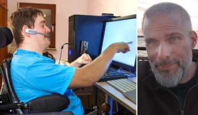 Montage av två bilder. En visar en man i rullstol som jobbar vid en dator. Den andra är ett porträtt av Rasmus Isaksson.